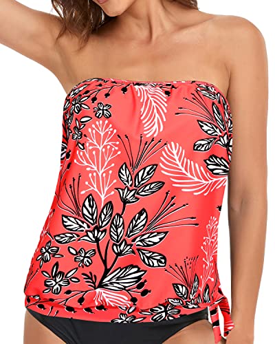 Strapless Tankini Tops For Women Swimwear Top Only-Red Floral