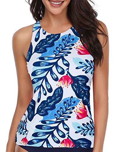 Ladies High Neck Tankini Top Swimwear Modest Bathing Suit Tops-White And Blue Floral